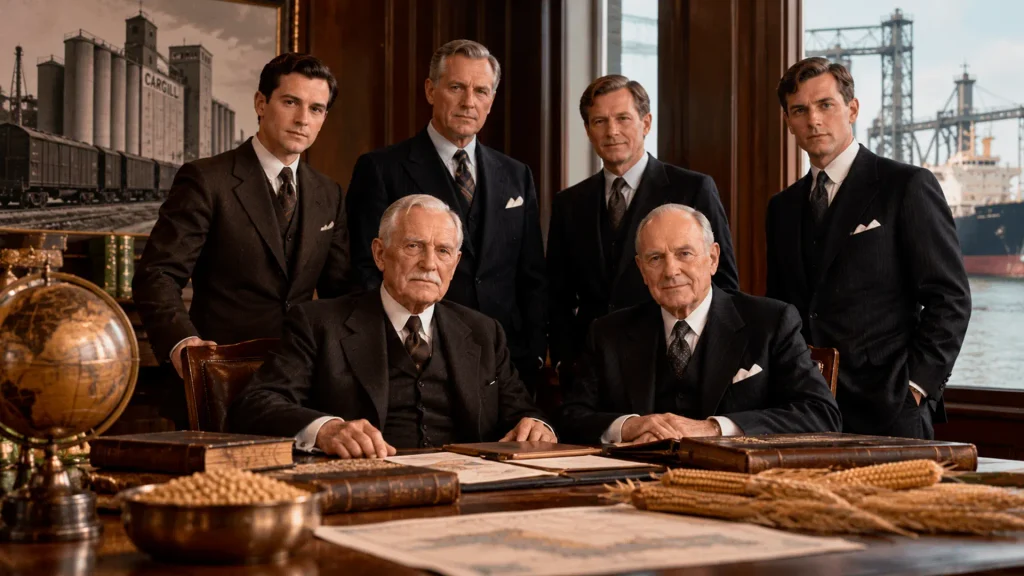 Representação da família Cargill-MacMillan, simbolizando gestão profissional, legado empresarial e preservação patrimonial entre gerações. Imagem gerada por IA.