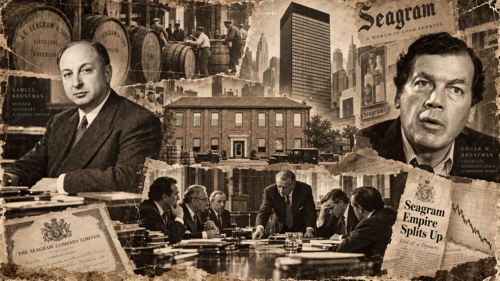 Montagem ilustrativa da família Bronfman, retratando o legado do império Seagram e as decisões empresariais que comprometeram sua continuidade e preservação patrimonial.