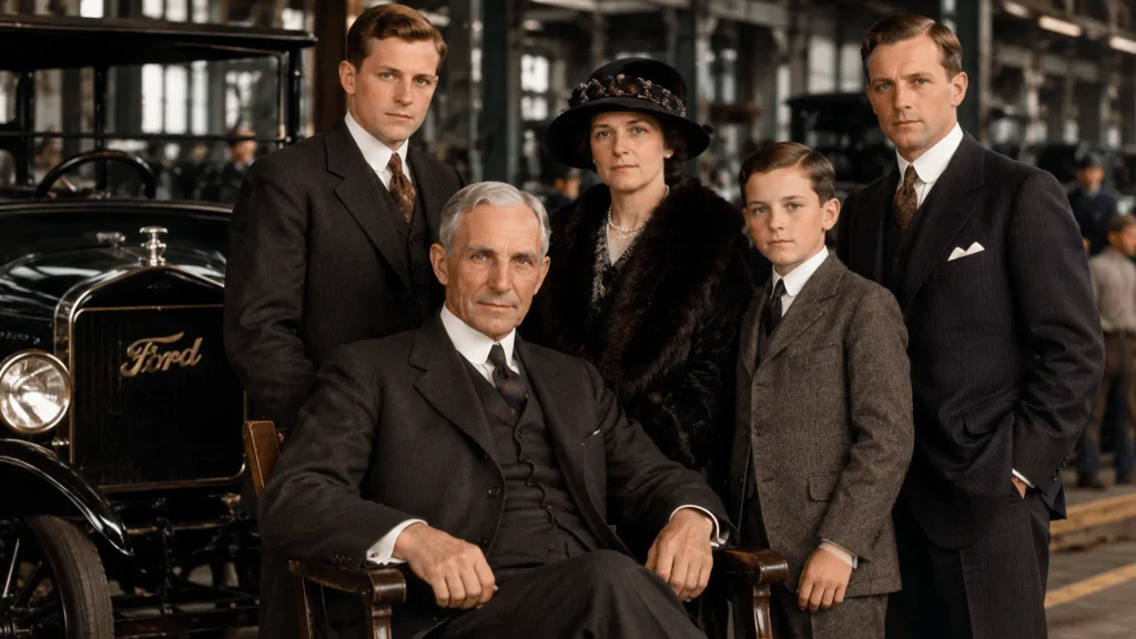 Representação de Henry Ford e sua família, simbolizando o legado empresarial e a preservação do controle da Ford por gerações. Imagem gerada por IA.