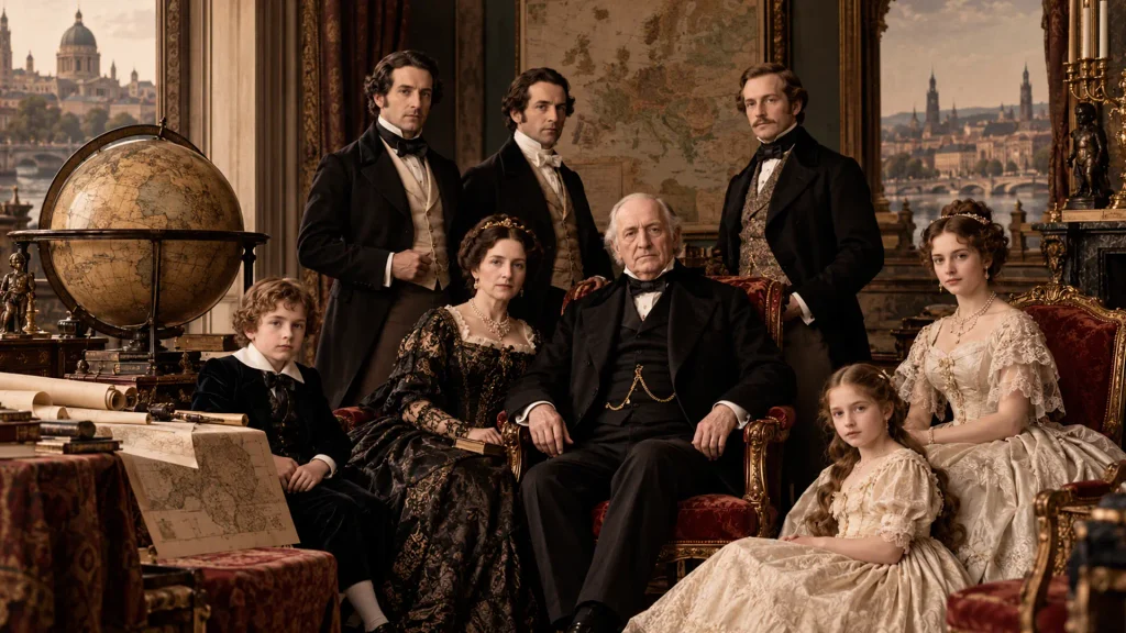 Representação da família Rothschild em ambiente aristocrático, simbolizando diversificação internacional, legado familiar e planejamento sucessório entre gerações. Imagem gerada por IA.