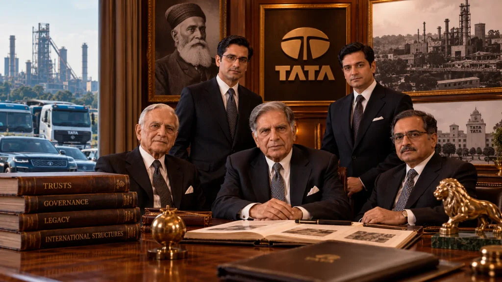 Representação do legado empresarial do Grupo Tata, simbolizando trusts, governança e preservação patrimonial entre gerações. Imagem gerada por IA.